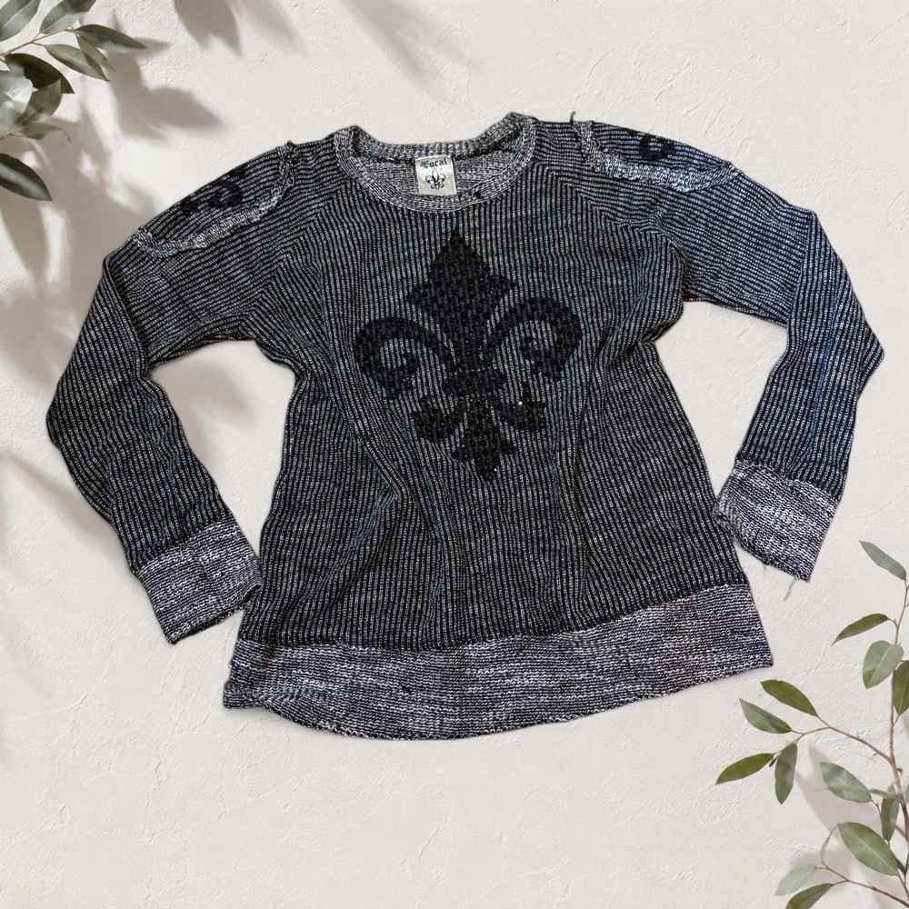 Vocal Y2K Fleur De Lis Rhinestone Sweater Black Gray Striped Goth USA 1XL